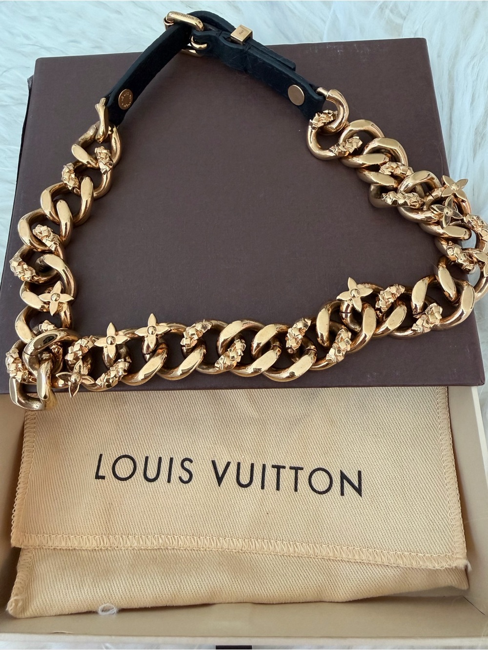 Louis Vuitton Gold Chain-Link Necklace and Bracelt with Black Leather Ends